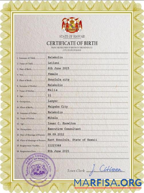 Blank Hawaii birth certificate PSD template